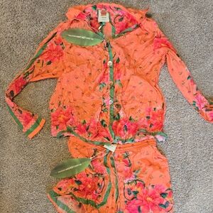 Farm Rio Orange Floral Button-Up Top and Shorts Set